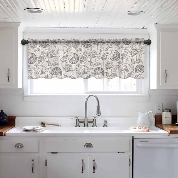Grey Paisley Valance Curtains for Kitchen/Living Room/Bathroom/Bedroom Window, Boho Flower Botanical Leaf Branch Rod Pocket Small Topper Half Short Window Curtains Voile Sheer Scarf 42"x12"