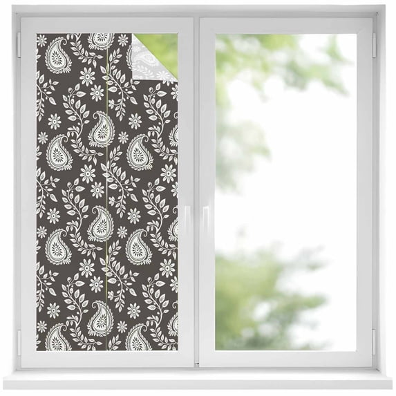 Grey Paisley Window Privacy Film, Ethnic Vintage Floral Botanical Abstract Static Cling UV Sun Blocking Heat Control Window Tint Day and Night, Non-Adhesive One Way Privacy Cover 19.6''x39.3''