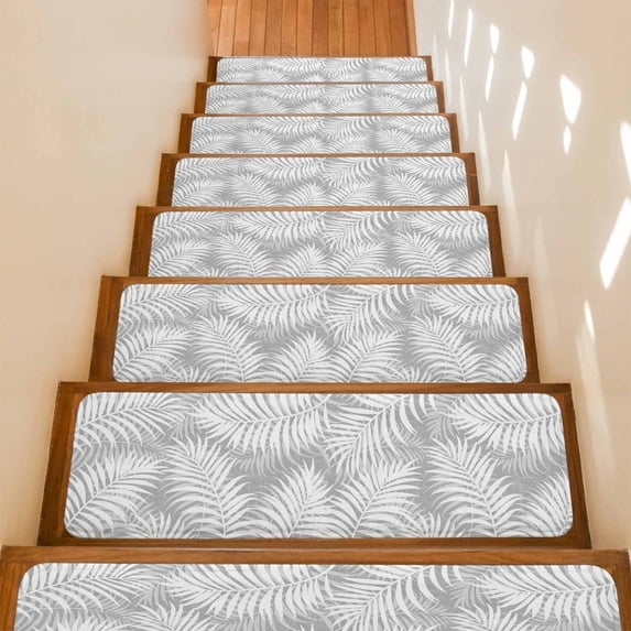 Grey Palm Leaf Stair Treads Non Slip for Steps Country Coastal Tropical Boho Beach Tree Leaves 15 Pcs Reusable Adhesive Stair Runner Mats for Dogs Elders Carpet Treads Rugs for Staircase 8x30 In