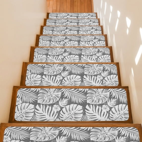 Grey Palm Leaves Stair Treads Non Slip for Steps Tropical Botanical Modern Minimalist 4 Pcs Reusable Adhesive Stair Runner Mats for Dogs Elders Carpet Treads Rugs for Staircase 8x30 In