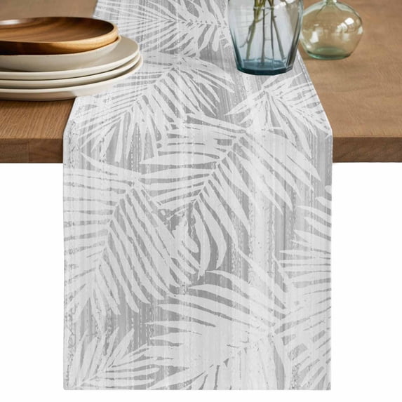 Grey Palm Leaves Table Runner 108 Inches, Summer Tropical Botanical Coastal Bed Runner Dresser Scarves Tabletop for Indoor Outdoor Parties/Ceremony/Banquet, 13"x 108"