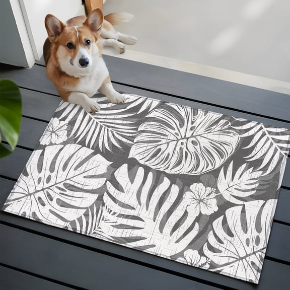 Grey Palm Leaves Washable Entry Rug 2x3 Tropical Botanical Modern Minimalist Low Pile Indoor Door Mat with Rubber Backing Thin Area Rug for for Entrance, Bedroom, Kitchen, Laundry, Bathroom