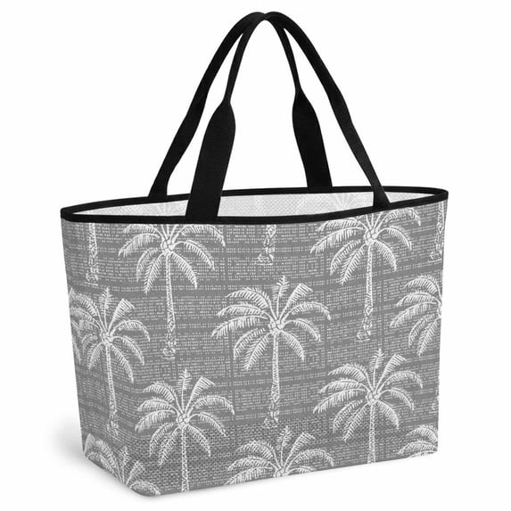Grey Palm Tree Beach Bag for Women, Large Breathable Mesh Beach Tote Bag, Summer Botanical Tropical Tree Sandproof Lightweight Travel Bags for Vacation Picnic Swimming Pool 15.7"x15.7"x9.1"