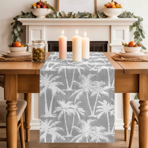 Grey Palm Tree Dining Table Runner, Summer Tropical Country Vintage Silver Tree Leaf Washable Table Runners Kitchen Coffee Table Center Decor for Home Party Holiday Wedding 13 x 36 Inches