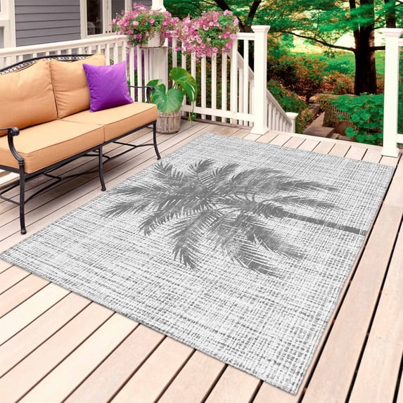 Grey Palm Tree Outdoor Rug for Patio/Deck/Porch, Non-Slip Large Area Rug 6 x 9 Ft, Tropical Summer Coastal Vintage Gray Indoor Outdoor Rugs Washable Area Rugs, Reversible Camping Rug Carpet Runner