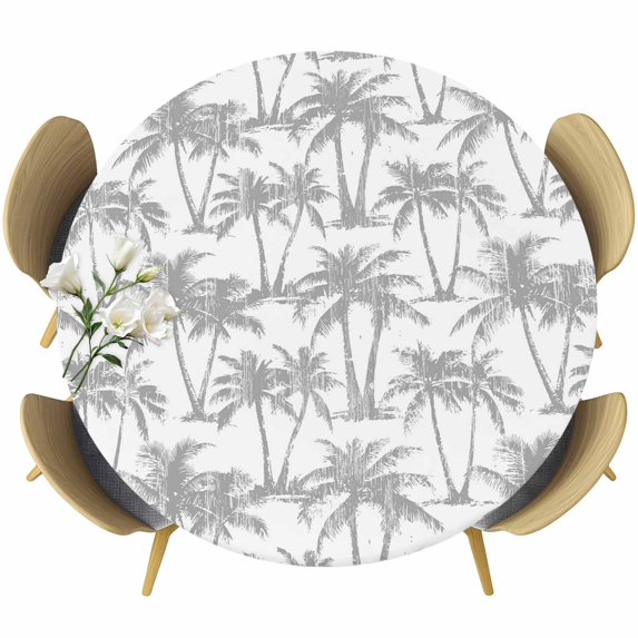 Grey Palm Tree Round Tablecloth 36-44 Inch Round Fitted Table Cloth with Elastic Edge, Summer Tropical Tree Coastal Beach Waterproof Table Cover Protector for Outdoor Picnic Party Dining