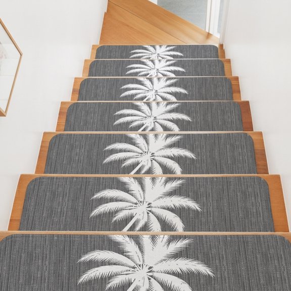 Grey Palm Tree Stair Treads Non Slip for Steps Summer Country Vintage Tropical Coastal Tree Leaf 10 Pcs Reusable Adhesive Stair Runner Mats for Dogs Elders Carpet Treads Rugs for Staircase 8x30 In
