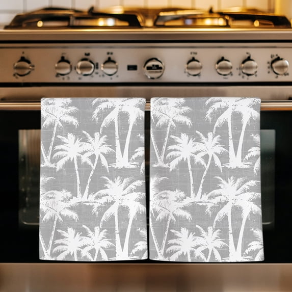 Grey Palm Tree Summer Kitchen Towels Set of 4, Beach Tropical Botanical Coastal Absorbent Dish Towels for Kitchen, Microfiber Hand Towel, Quick Drying Tea Towel for Cleaning Decorative Dishcloths
