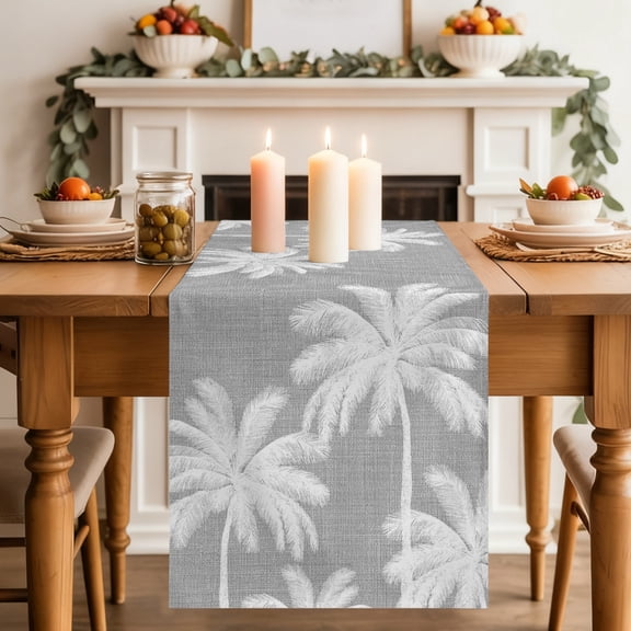 Grey Palm Trees Dining Table Runner, Summer Beach Tropical Farmhouse Washable Table Runners Kitchen Coffee Table Center Decor for Home Party Holiday Wedding 13 x 36 Inches