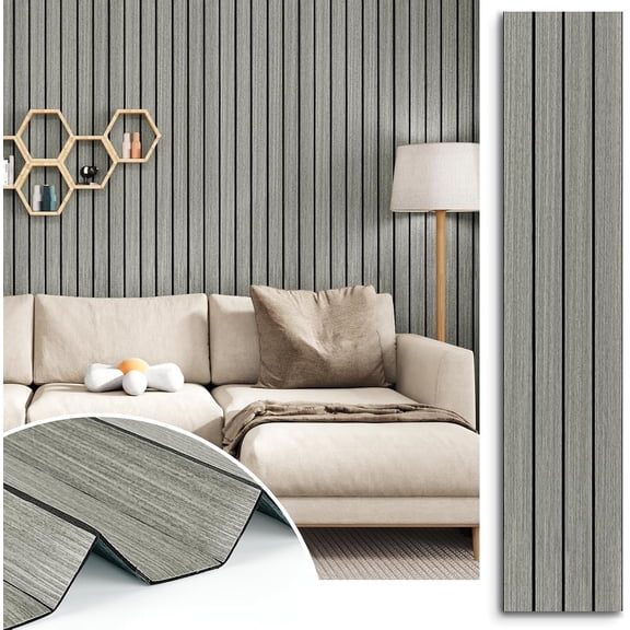 Grey Panels for Wall Modern Soundproof Wooden Wall Panel Peel and Stick Slat Walls Paneling Removable Grain Panel Wallpaper for Bedroom Living Room 11.8"x118" Vinyl Roll