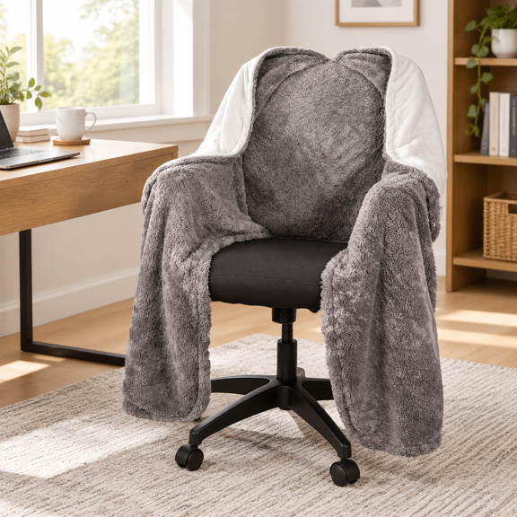 Grey Pattern Fleece Office Chair Blanket, Hands-Free Warmth Wrap for Home and Office