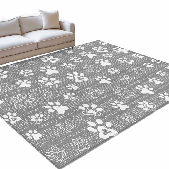 Grey Paw Print Rectangle Rug 6'x9' Modern Classic Gray White Animal Large Paw Pattern Plaid Washable Area Rugs for Living Room Bedroom Entryway Non Slip Entrance Door Mat Indoor Floor Carpet