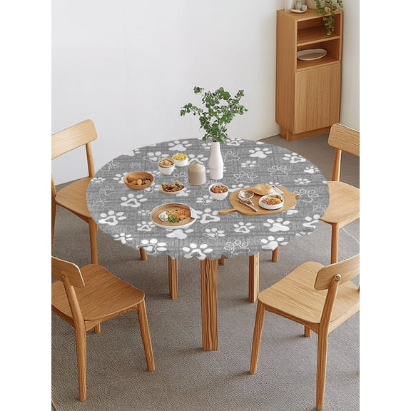 Grey Paw Print Round Fitted Tablecloth with Elastic Edge, Modern Classic Gray White Animal Large Paw Pattern Plaid Waterproof Stretch Table Covers for 36"-44" Tables Wipeable Table Cloth for Outdoor