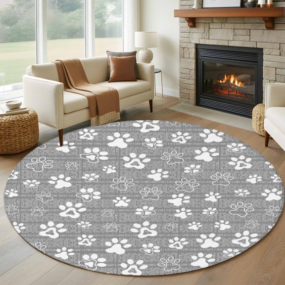 Grey Paw Print Round Rugs for Living Room 7ft Modern Classic Gray White Animal Large Paw Pattern Plaid Non Slip Circle Rug Washable Low-Profile Indoor Carpet for Bedroom, Dining Room, Bathroom