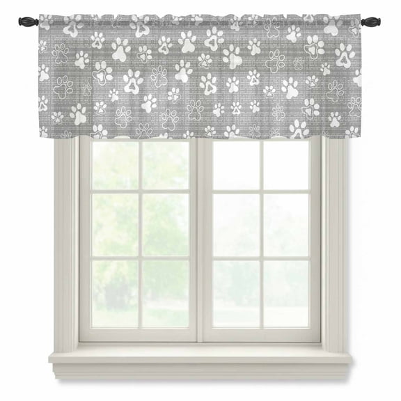 Grey Paw Print Sheer Valances for Windows, Modern Classic Gray White Animal Large Paw Pattern Plaid Semi Sheer Kitchen Valance Rod Pocket Small Voile Window Curtains for Living Bedroom 42 x 12 Inch