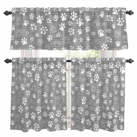Grey Paw Print Window Curtains Valance Set of 3 Modern Classic Gray White Animal Large Paw Pattern Plaid Rod Pocket Small Kitchen Curtain, Soft Window Treatment for Bedroom Party Holiday Decor