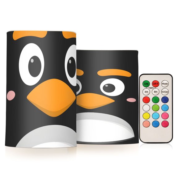 Grey Penguin Face Flickering Flameless Candles Battery Operated with Remote Timer LED Pillar Candles Set of 2