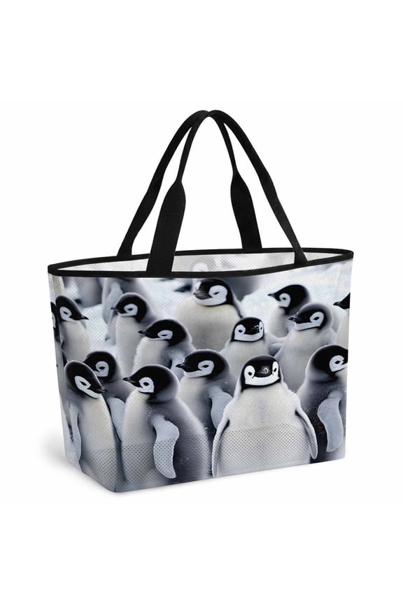 Grey Penguins Beach Bag for Women, Large Breathable Mesh Beach Tote Bag, Winter Animals Vintage Gray Sandproof Lightweight Travel Bags for Vacation Picnic Swimming Pool 15.7"x15.7"x9.1"