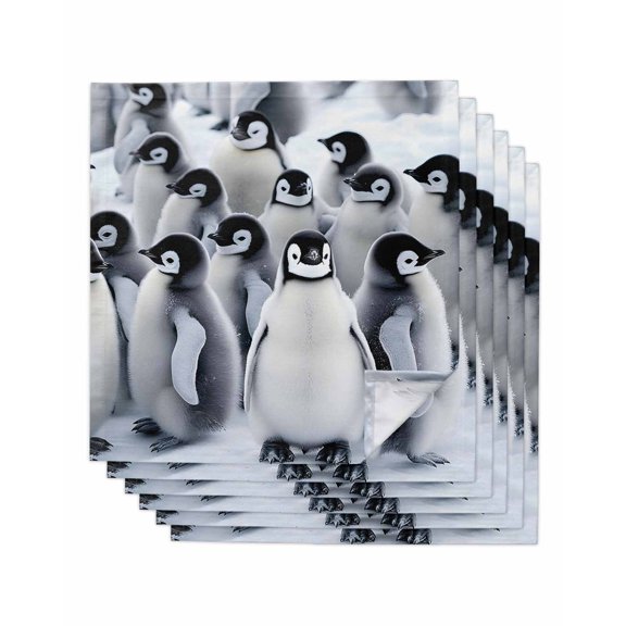 Grey Penguins Cloth Napkins Set of 6 Reusable Dinner Napkins, Winter Animals Vintage Gray Cocktail Napkin Washable Table Napkins for Wedding/Holiday Party/Baby Shower 20"x20"