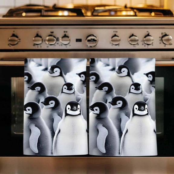 Grey Penguins Kitchen Towels Set of 1, Winter Animals Vintage Gray Absorbent Dish Towels for Kitchen, Microfiber Hand Towel, Quick Drying Tea Towel for Cleaning Decorative Dishcloths