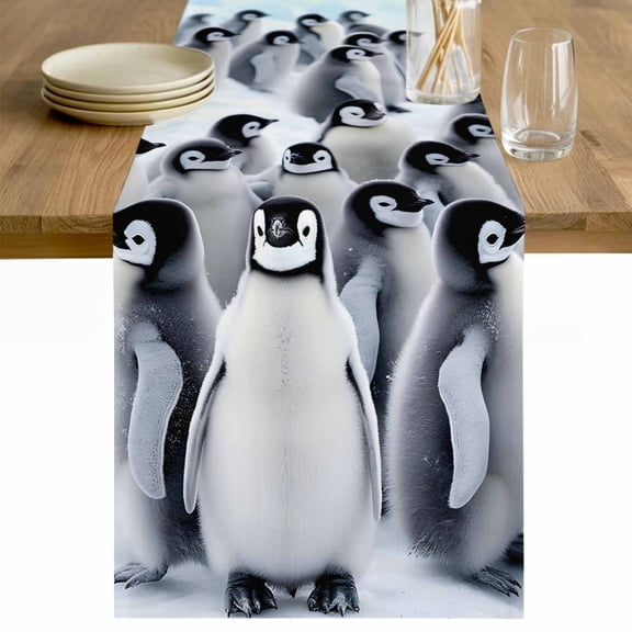 Grey Penguins Table Runner 36 Inches Long Farmhouse Dress Scarves, Winter Animals Vintage Gray Dining Tablerunner for Coffee Table/Kitchen Island/Party Décor, Small 13" x 36"