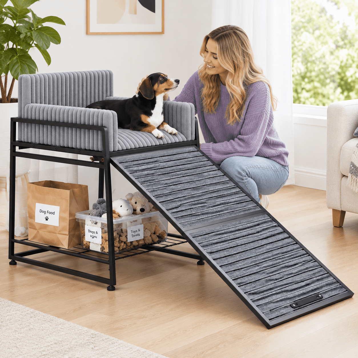 Grey Pet Window Perch with Stairs and Storage Ramp for Small Dogs and ...