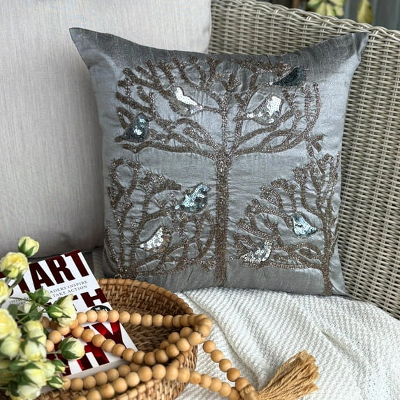 Grey Pillow Cover, Sequins & Beaded Pigeon Pillow Cover, 18x18 inch (45x45 cm) Pillow Cover, Square Silk Pillow Cover, Floral Contemporary Pillow Cover, Birds - Silver Pigeons