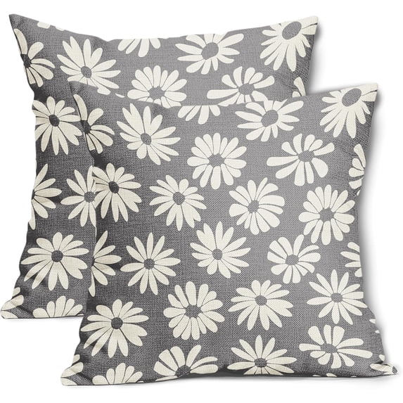 Grey Pillow Covers 16X16 Inch White Floral Daisy Geometry Decorative Couch Pillow Cases Spring Summer Flower Decorative Throw Pillows Set of 2 Rustic Home Decor for Room Couch Porch Patio