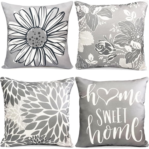 Grey Pillow Covers 16x16 Inch Set of 4 Decorative Throw Pillow Covers for Sofa Couch Outdoor Gray Throw Pillow Cover Farmhouse Linen Square Pillow Case Living Room Home Boho Modern Decor