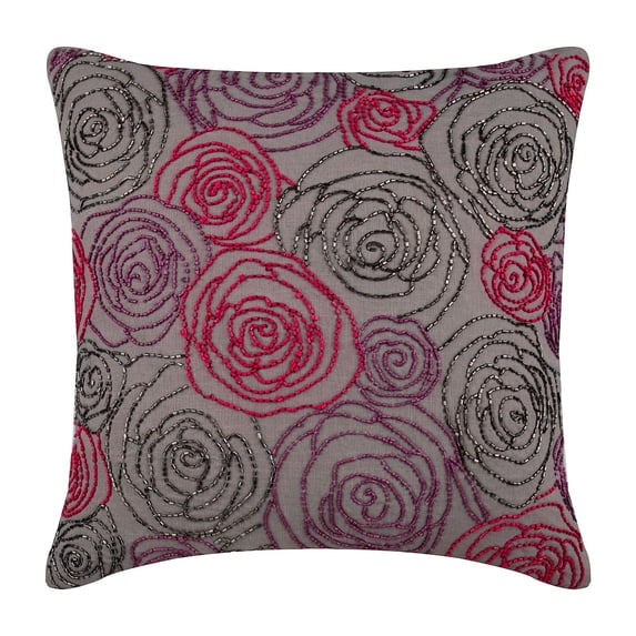 Grey Pillow case, Multi Color Beaded Rose Flower Floral Theme Pillow Cover, 14x14 inch (35x35 cm) Throw Pillow Cover, Square Cotton Linen Pillow Cover, Floral Art Deco - Rose Diva