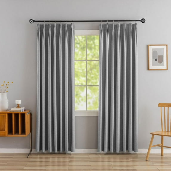 Grey Pinch Pleated Faux Linen Curtains 60% Blackout Two Pages with Pin Hooks - Back Tab Mid Century Modern Farmhouse Curtain - Cottagecore Curtain Light Filtering 40 x 72 Inches Long