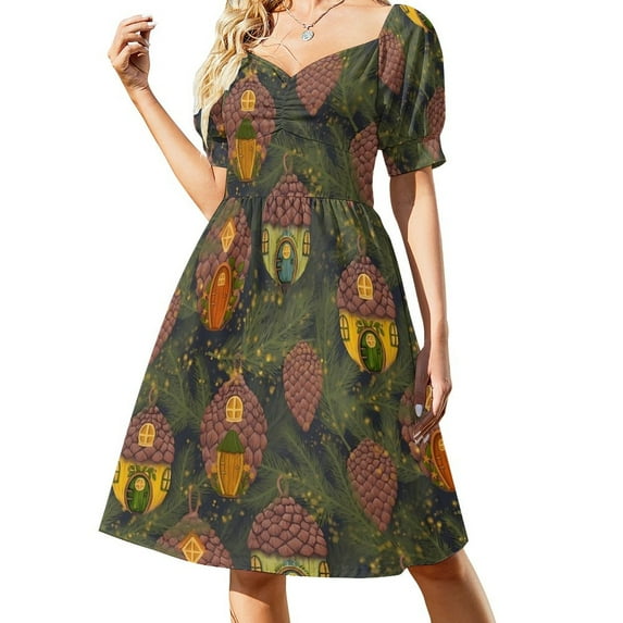 Grey Pine Cones Dress Plant Print Modern Dresses Summer Aesthetic Casual Dress Design Vestido