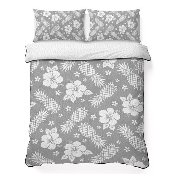 Grey Pineapple Floral 3 Piece Quilt Bedding Set with 2 Pillow Shams, Vintage Tropical Flowers Botanical Lightweight Bedspread Coverlet, Soft Breathable All Season Quilt, 96 x 106 Inch