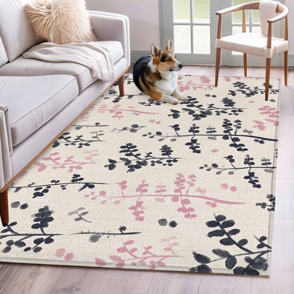 Grey Pink Botanical Area Rugs 3'x5', Small Throw Rugs for Living Room Bedroom, Rustic Country Spring Floral Summer Leaf Indoor Outdoor Rug Non-Slip Low Pile Carpet Runner Reversible Floor Mats