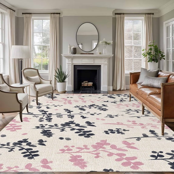 Grey Pink Botanical Area Rugs 5'x8', Washable Small Throw Rugs for Classroom Bedroom, Rustic Country Spring Floral Summer Leaf Indoor Outdoor Rug Non-Slip Low Pile Carpet Runner Reversible Floor Mats