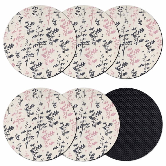 Grey Pink Botanical Coasters Set of 6, Absorbent Coasters for Drinks, Rustic Country Spring Floral Summer Leaf Coaster for Desk Coffee Table Protection, Home Decor House Warming Gifts 4"