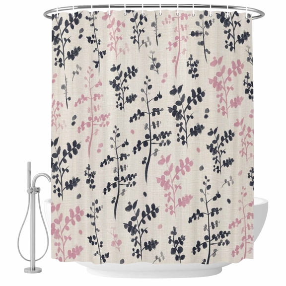 Grey Pink Botanical Shower Curtain Set - Small 36" x 72" Washable Bathtub Curtain with 12 Hooks, Rustic Country Spring Floral Summer Leaf Waterproof Fabric Shower Curtains for Bathroom/Bathtub Décor