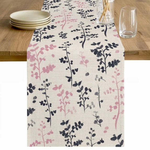Grey Pink Botanical Table Runner - 60 Inch Long Rustic Country Spring Floral Summer Leaf Cotton and Linen Blended Dress Scarves Farmhouse Table Runner for Kitchen Dining, Coffee Table, 13" x 60"