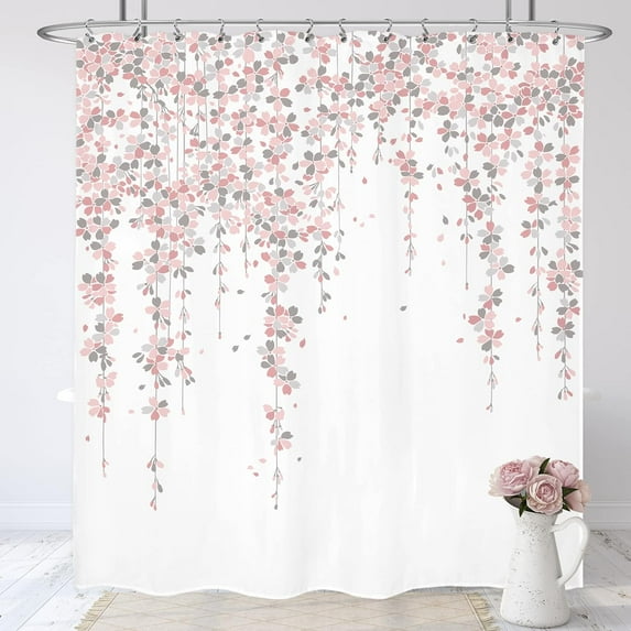 Grey Pink Floral Shower Curtain 72Wx72H Inches Dusty Rose Cherry Blossom Blooming Weeping Flowers Spring Bathroom Home Decor Cloth Fabric Waterproof Polyester Bathroom Set with Hooks