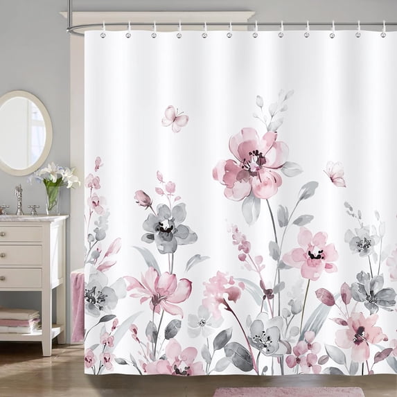 Grey Pink Floral Shower Curtain, Watercolor Flower Leaves Butterfly Elegant Bathroom Decor 72x72 Inch Polyester Fabric Waterproof Bath Curtain with 12 Hooks