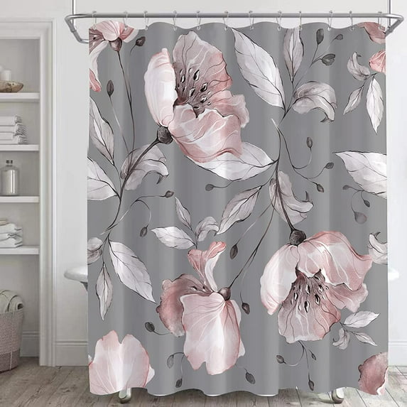 Grey Pink Floral Shower Curtains for Bathroom,Watercolor Blush White Flowers Shower Curtain Sets,Modern Minimalist Bath Curtain, Waterproof Fabric 72x72 Inches
