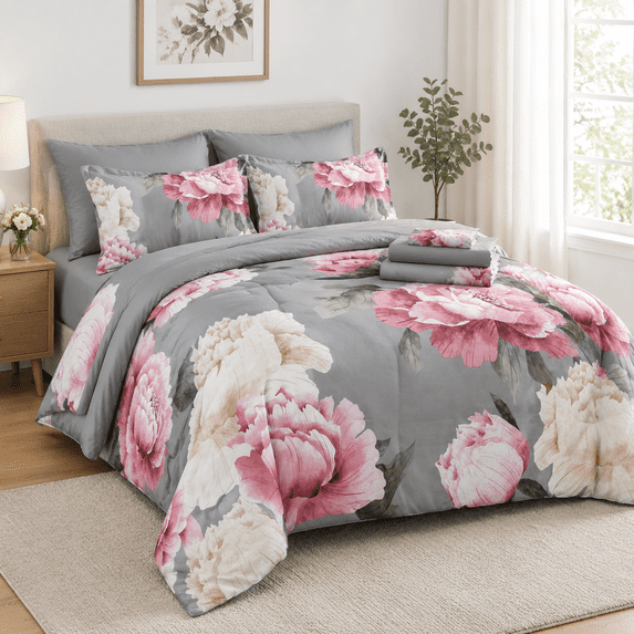 Pink Place Setting Grey Pink Full Size 7 Piece Bed In A Bag Floral Comforter Set For All ...