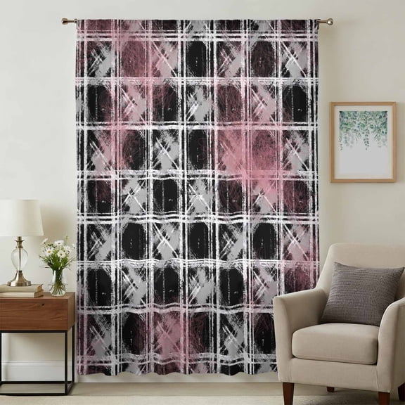 Grey Pink Geometric Sheer Curtains 45 Inches Long, Black White Boho Light Filering Curtains, Breathable Simi Curtain Privacy Drapes for Kitchen Bathroom Lightweight Small Window Treatment