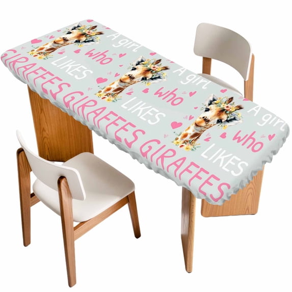 Grey Pink Giraffe Table Cloths for 8 Foot Rectangle Tables, Love Heart Spring Floral Botanical Patio Waterproof Elastic Fitted Tablecloths, Washable Rectangular Table Cover for Camping