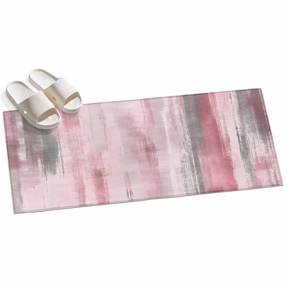 Grey Pink Paint Area Rug, Modern Abstract Pink Grey Stripes Non-Slip Felt Rubber Backing Rectangle Indoor Carpet Washable Rugs for Living Room Bedroom 2x6ft