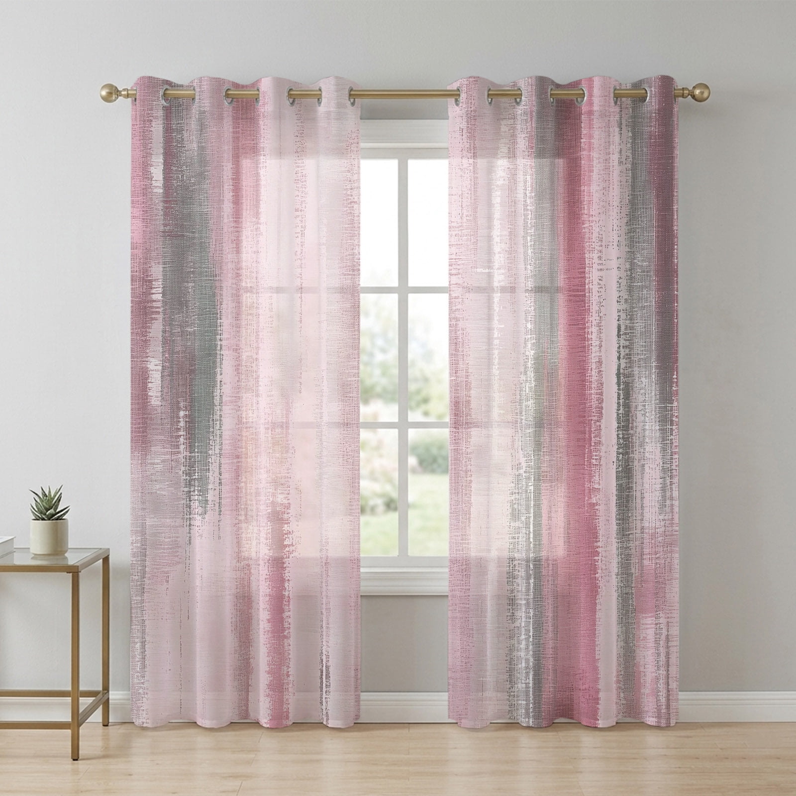 Grey Pink Paint Sheer Curtains 63 Inch Long 2 Panels, Modern Abstract