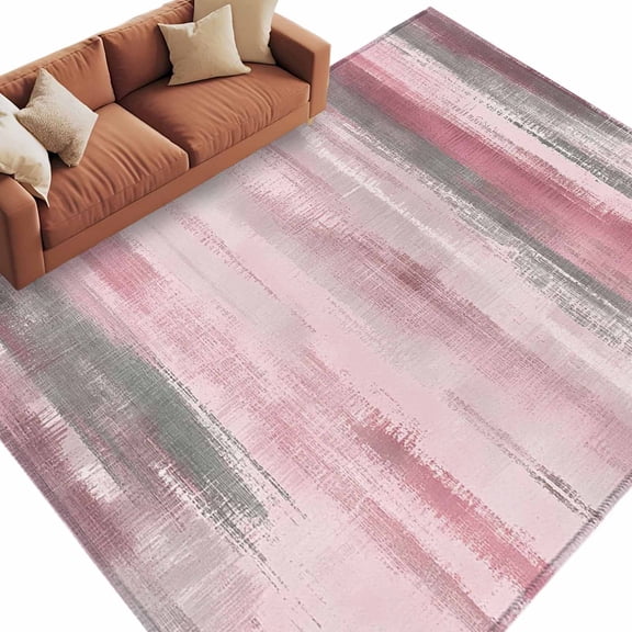 Grey Pink Paint Washable Living Room Rugs 6'x9', Modern Abstract Pink Grey Stripes Low Pile Throw Large Area Rug Non-Slip Sturdy Edge Binding Carpet for Dining Room Kitchen Office