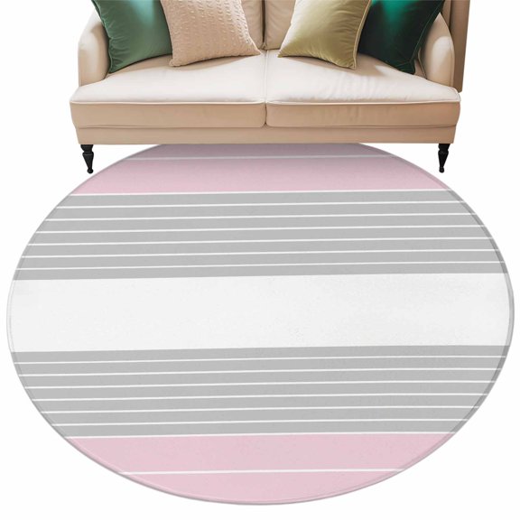 Grey Pink Stripe Round Area&nbsp;Rug 8ft Gradient Line Non-Slip&nbsp;Washable Circle Rugs Soft Felt Indoor Floor Mat for Bedroom Kitchen Living Room Bathroom