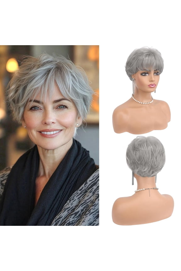 Grey Pixie Wigs for Women - Gray Short Natural Layered Haircut Synthetic Heat Resistant Hair Wig for Daily Costume