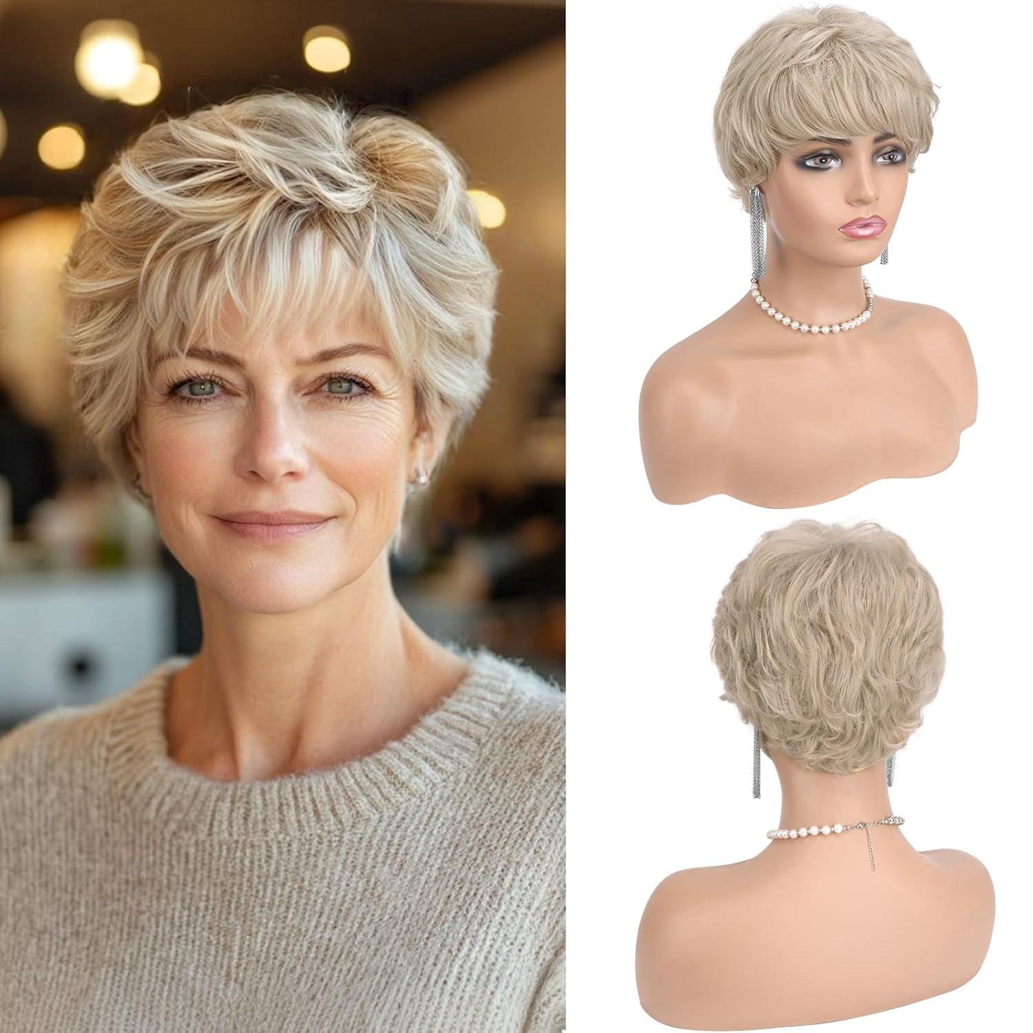 Grey Pixie Wigs for Women - Gray Short Natural Layered Haircut Synthetic Heat Resistant Hair Wig for Daily Costume